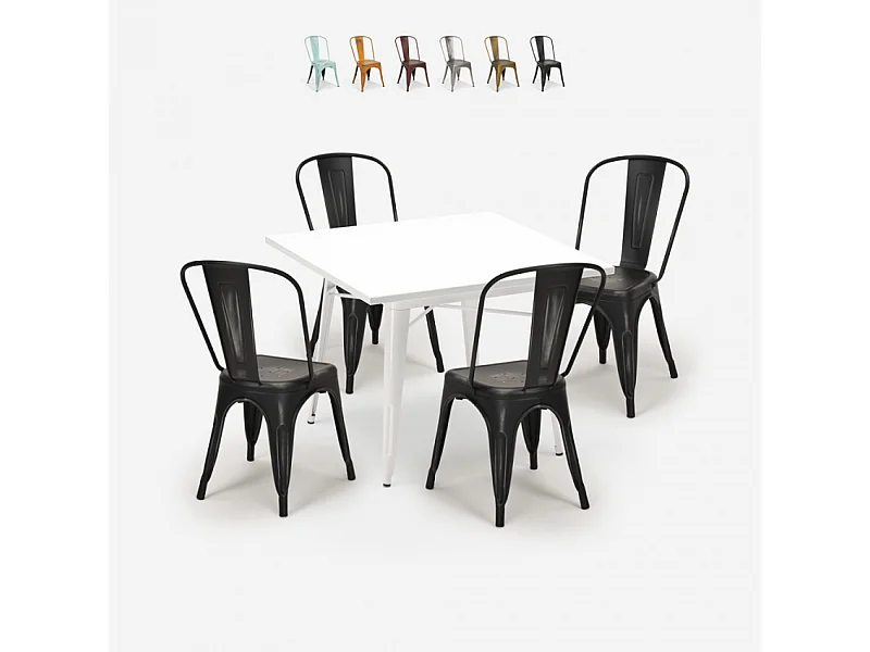 juego 4 sillas industrial estilo mesa metal 80 x 80 cm blanco state white - Negro