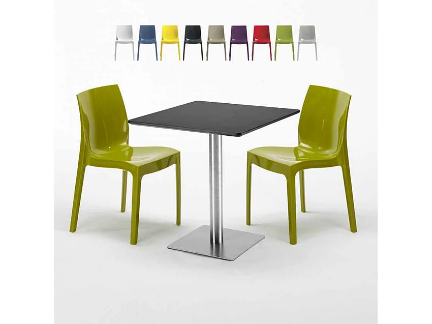 Tavolino Quadrato Nero 70x70 cm con 2 Sedie Colorate Ice Kiwi
