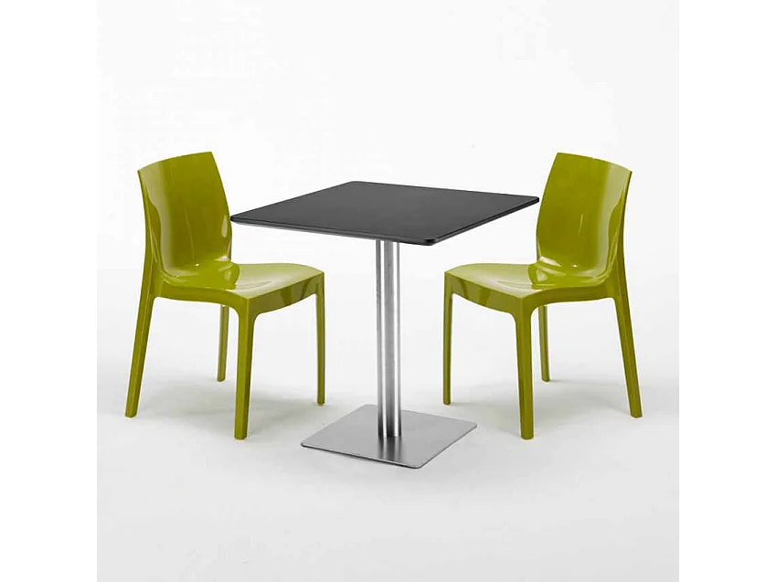 Tavolino Quadrato Nero 70x70 cm con 2 Sedie Colorate Ice Kiwi
