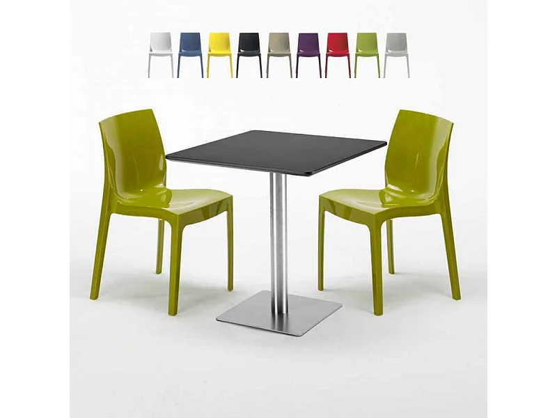 Tavolino Quadrato Nero 70x70 cm con 2 Sedie Colorate Ice Kiwi
