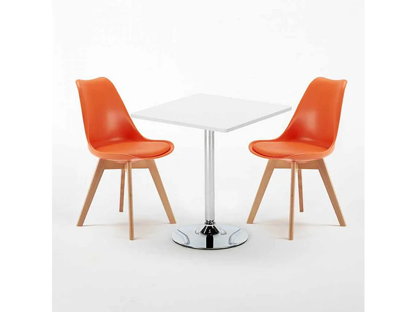 Table Carrée Blanche 70x70cm et 2 Chaises Colorées Set Intérieur Bar Café Nordica Cocktail - Orange