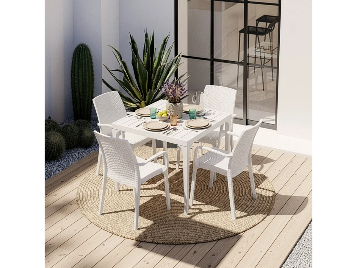 Set de jardín con 1 mesa de 80x80 cm y 4 sillas de exterior color blanco Provence Light
