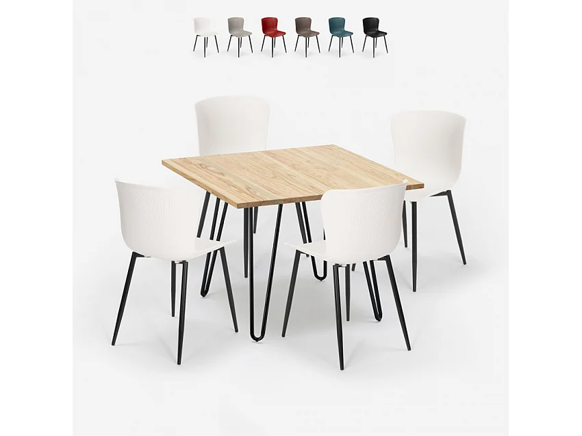 Ensemble 4 Chaises et 1 Table Carrée 80x80cm Design Industriel Claw Light - Blanc