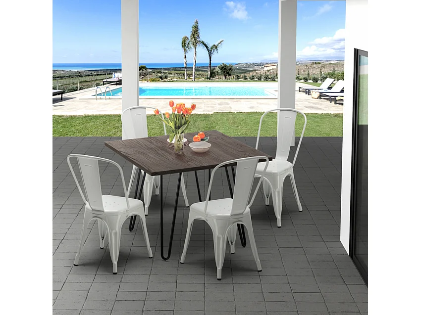 conjunto de mesa cuadrada madera y sillas en metal en estilo industrial pigalle - Blanco