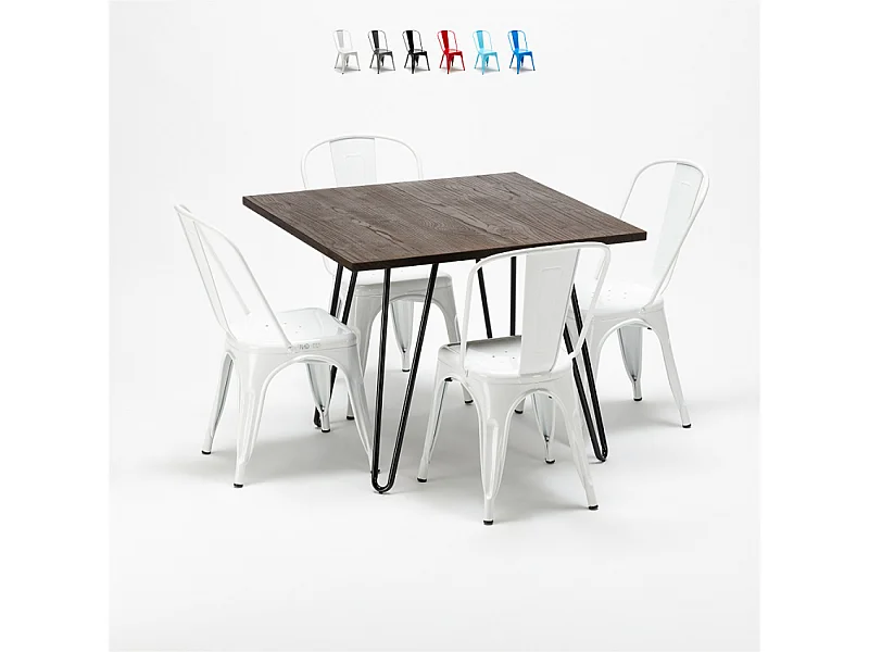 conjunto de mesa cuadrada madera y sillas en metal en estilo industrial pigalle - Blanco