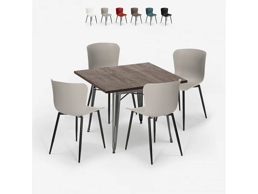 conjunto mesa cuadrada 80 x 80 cm diseño industrial 4 sillas anvil - Gris