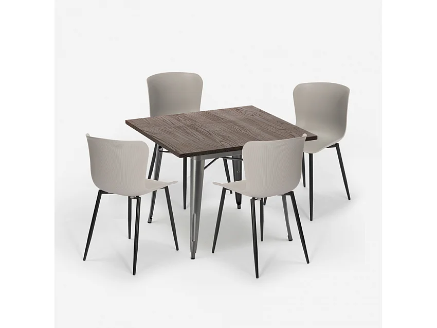 conjunto mesa cuadrada 80 x 80 cm diseño industrial 4 sillas anvil - Gris