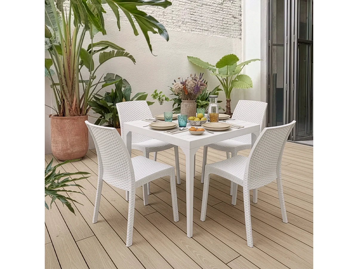 Set de jardín con 1 mesa de 80x80 cm y 4 sillas de exterior color blanco Provence Light