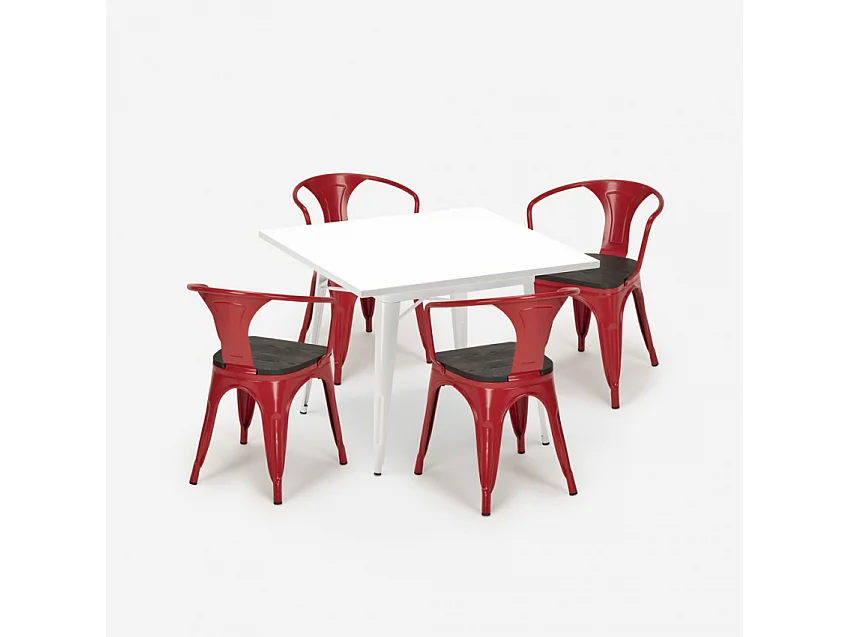 juego mesa cocina 80 x 80 cm 4 sillas estilo industrial madera acero century wood white - Rojo