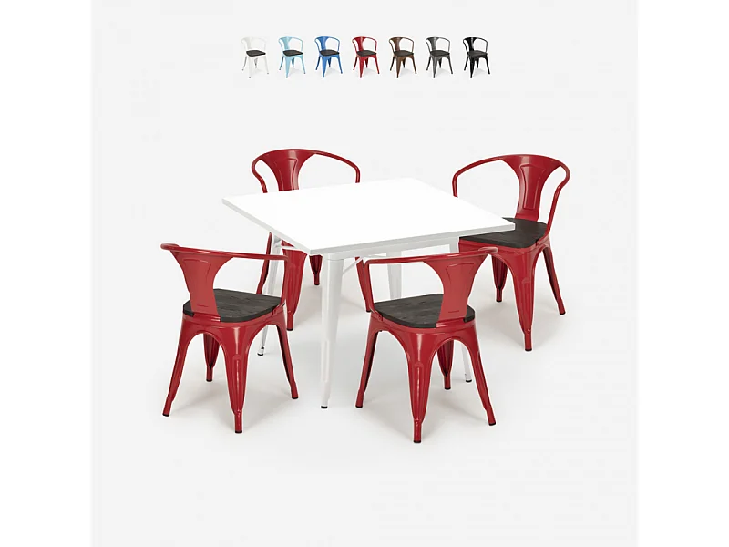 juego mesa cocina 80 x 80 cm 4 sillas estilo industrial madera acero century wood white - Rojo