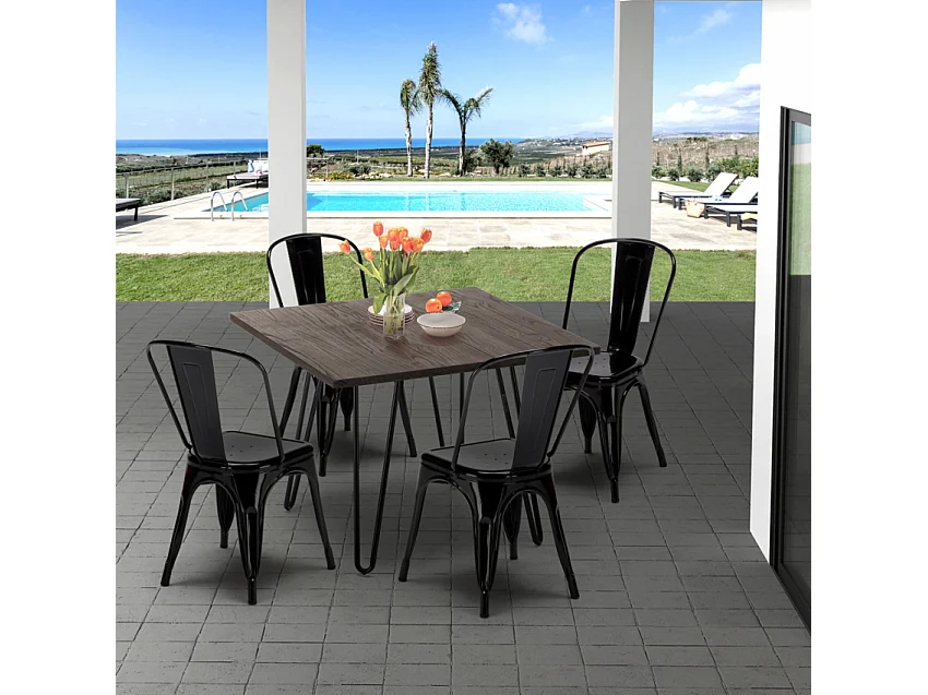 conjunto de mesa cuadrada madera y sillas en metal en estilo industrial pigalle - Negro
