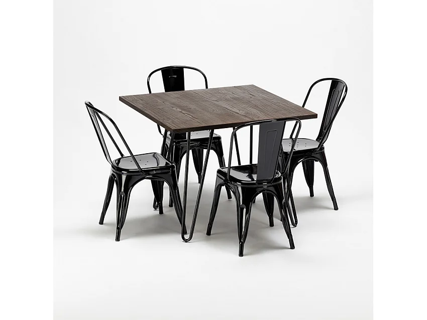 conjunto de mesa cuadrada madera y sillas en metal en estilo industrial pigalle - Negro