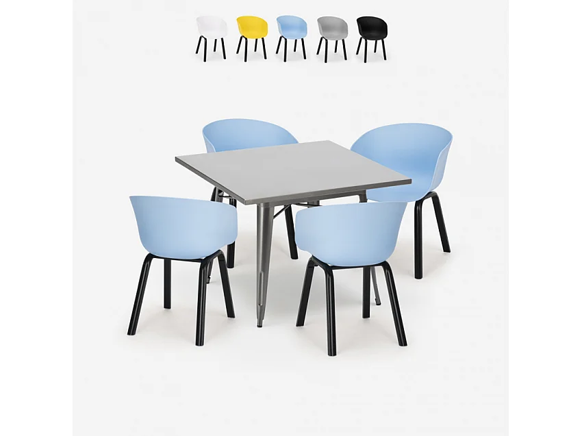 juego mesa comedor cuadrada 80 x 80 cm 4 sillas diseño moderno krust - Azul
