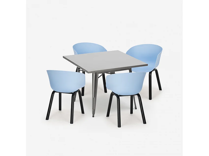 juego mesa comedor cuadrada 80 x 80 cm 4 sillas diseño moderno krust - Azul