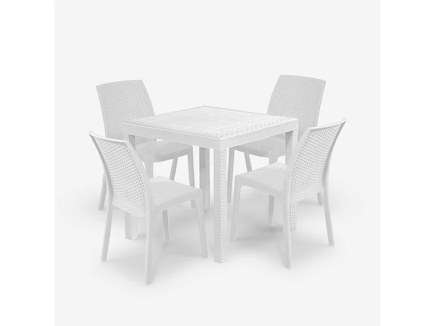 Set de 1 mesa de jardín para exterior 80x80 cm efecto ratán y 4 sillas color blanco Nisida Light