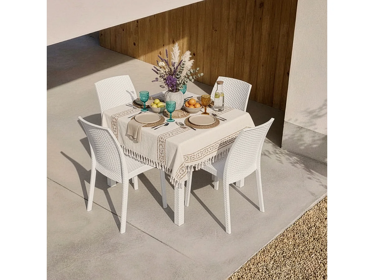 Set de 1 mesa de jardín para exterior 80x80 cm efecto ratán y 4 sillas color blanco Nisida Light
