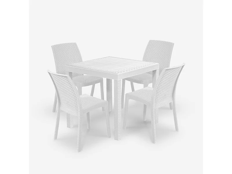Set de 1 mesa de jardín para exterior 80x80 cm efecto ratán y 4 sillas color blanco Nisida Light