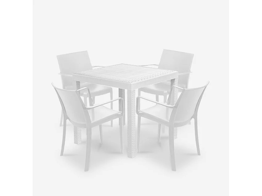 Set tavolo giardino esterno 80x80cm rattan 4 sedie bianco Nisida Light