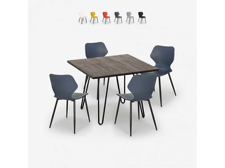 Conjunto 4 sillas diseño mesa cuadrada 80 x 80 cm madera metal Sartis Dark - Azul Marino