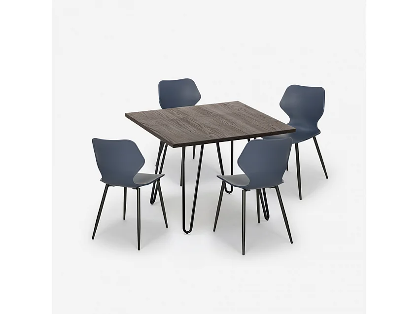 Conjunto 4 sillas diseño mesa cuadrada 80 x 80 cm madera metal Sartis Dark - Azul Marino