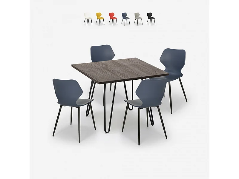 Conjunto 4 sillas diseño mesa cuadrada 80 x 80 cm madera metal Sartis Dark - Azul Marino