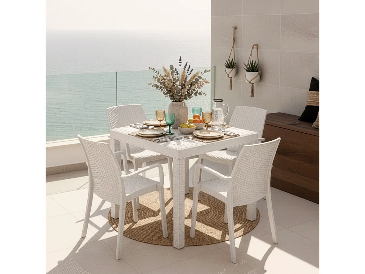 Set de 1 mesa de jardín para exterior 80x80 cm efecto ratán y 4 sillas color blanco Nisida Light