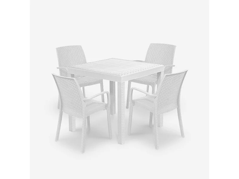 Set de 1 mesa de jardín para exterior 80x80 cm efecto ratán y 4 sillas color blanco Nisida Light