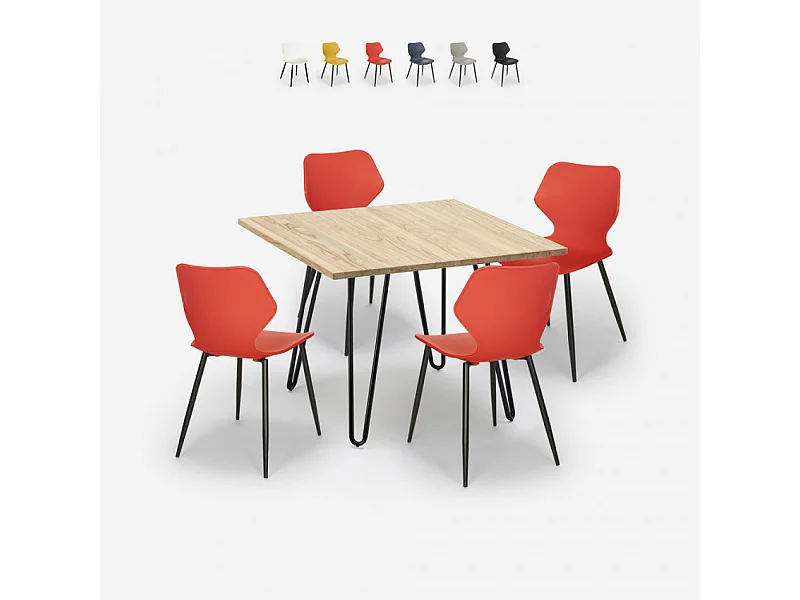 Conjunto mesa cuadrada estilo industrial 80 x 80 cm 4 sillas diseño Sartis Light - Rojo