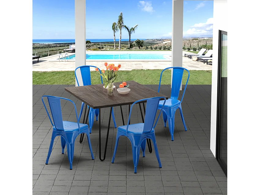 conjunto de mesa cuadrada madera y sillas en metal en estilo industrial pigalle - Azul Marino