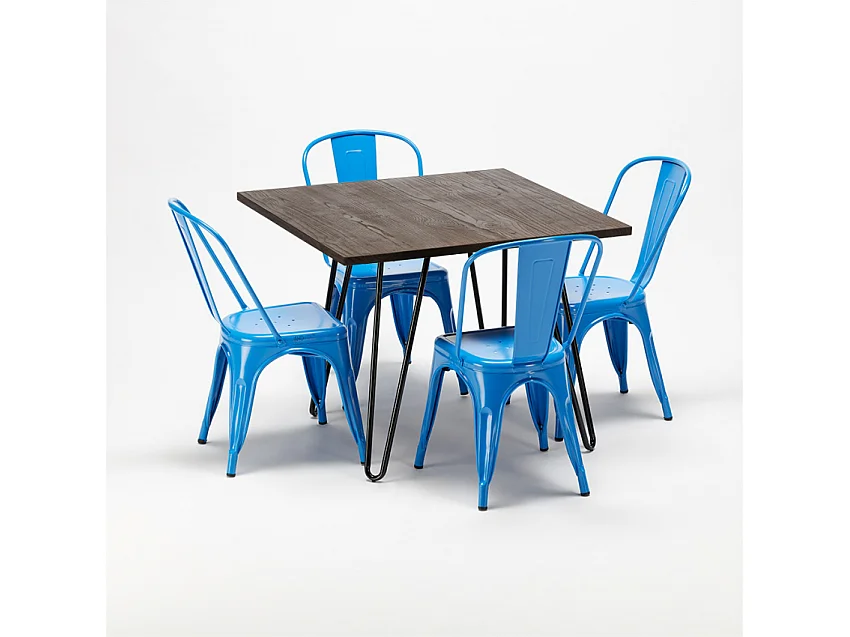 conjunto de mesa cuadrada madera y sillas en metal en estilo industrial pigalle - Azul Marino