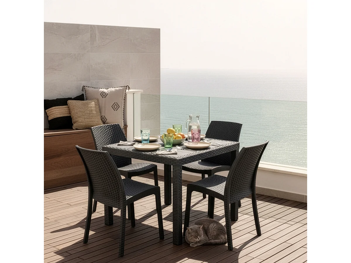 Juego de jardín mesa cuadrada de 80x80 cm efecto ratán y 4 sillas color negro Nisida Dark