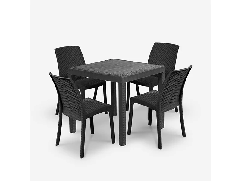 Juego de jardín mesa cuadrada de 80x80 cm efecto ratán y 4 sillas color negro Nisida Dark