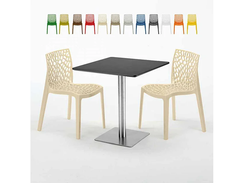Tavolino Quadrato Nero 70x70 cm con 2 Sedie Colorate Gruvyer Rum Raisin
