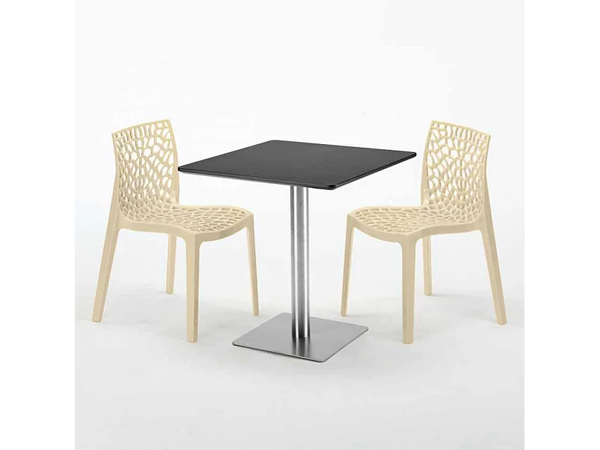 Tavolino Quadrato Nero 70x70 cm con 2 Sedie Colorate Gruvyer Rum Raisin