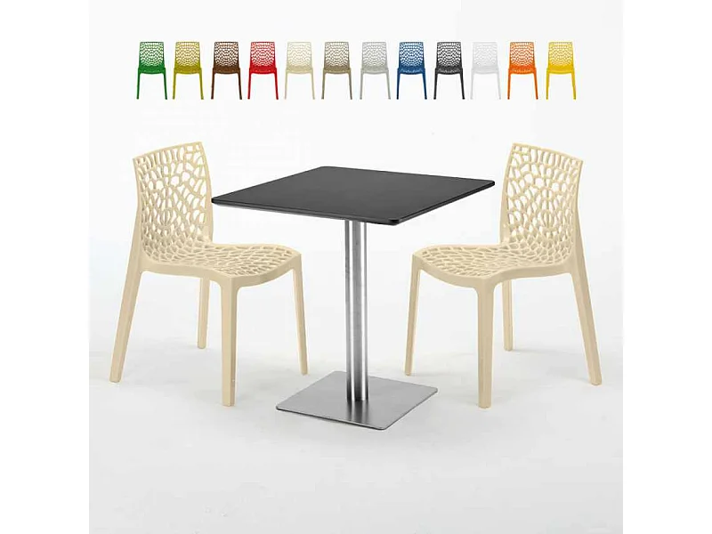 Tavolino Quadrato Nero 70x70 cm con 2 Sedie Colorate Gruvyer Rum Raisin