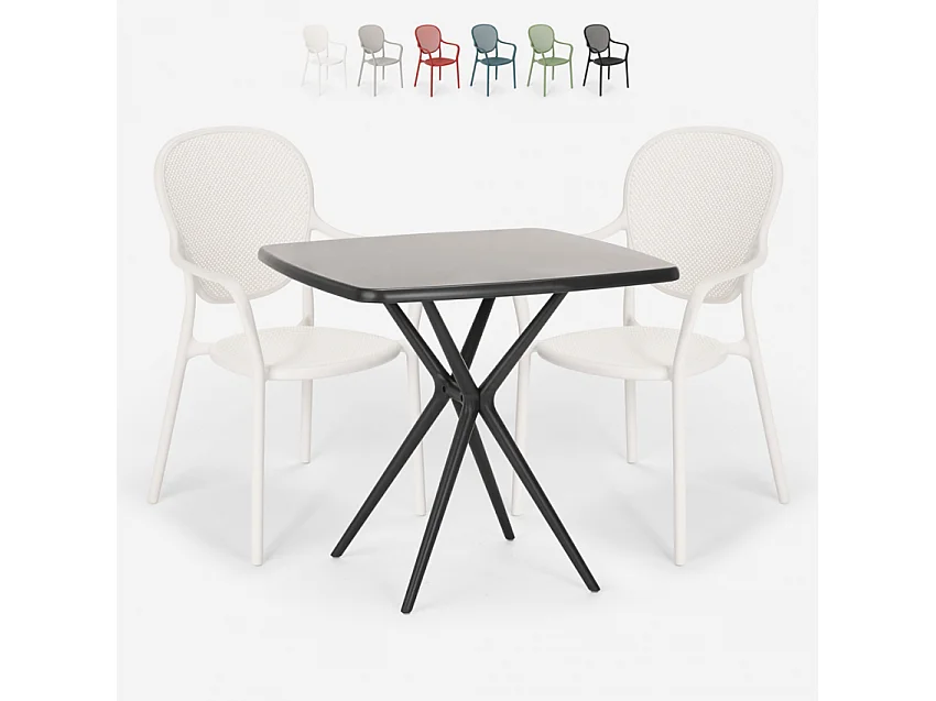 Juego mesa cuadrada 70 x 70 cm negro 2 sillas interior exterior Lavett Dark - Blanco