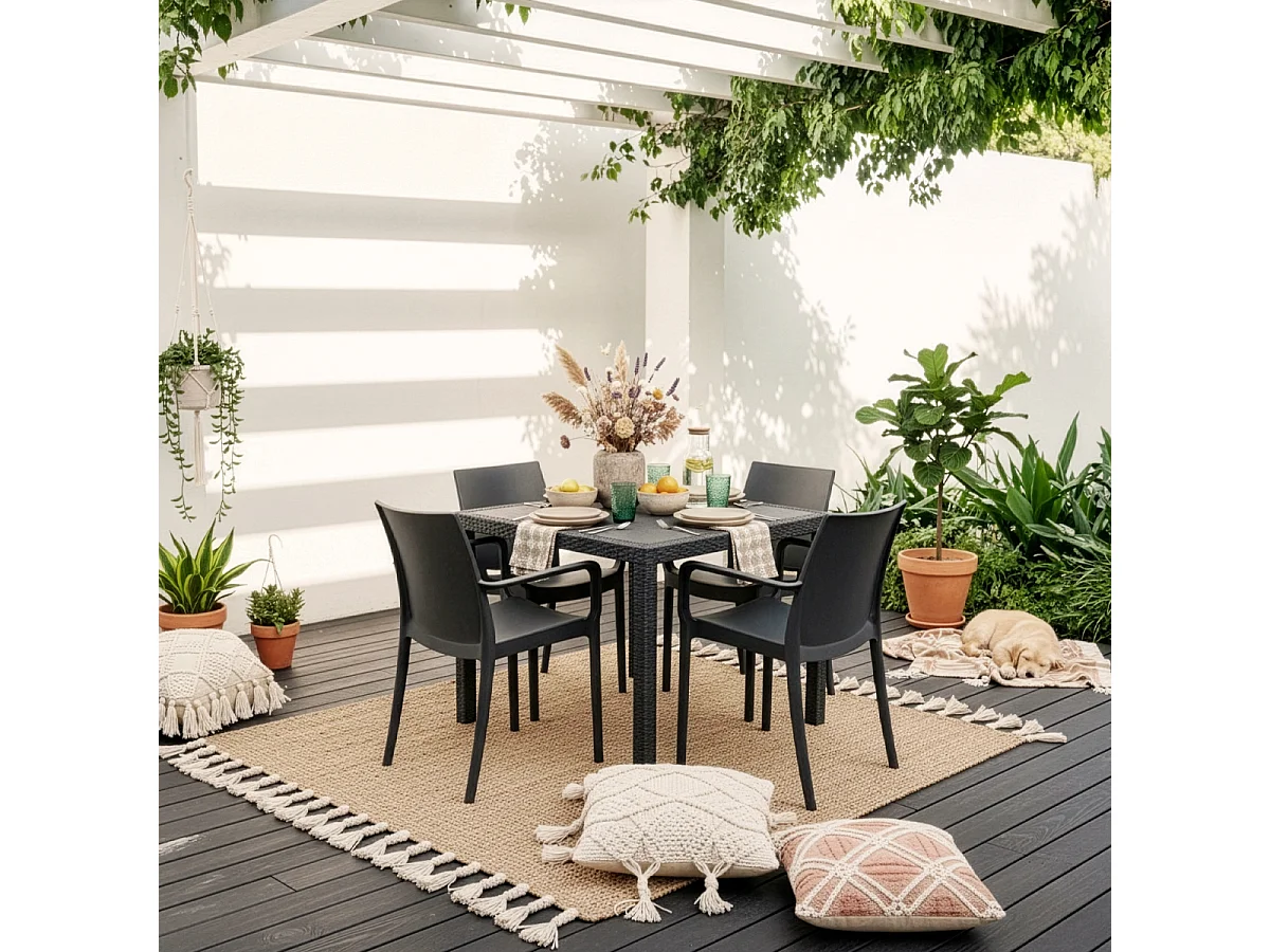 Juego de jardín mesa cuadrada de 80x80 cm efecto ratán y 4 sillas color negro Nisida Dark