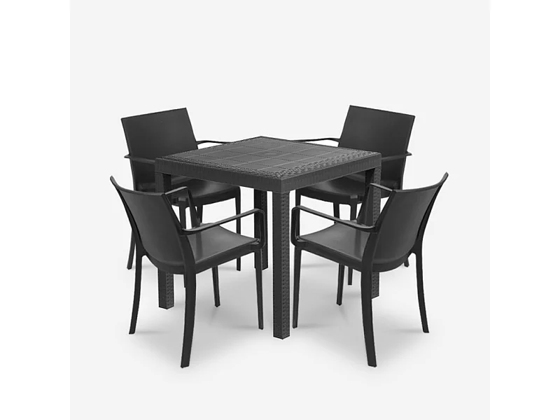 Juego de jardín mesa cuadrada de 80x80 cm efecto ratán y 4 sillas color negro Nisida Dark