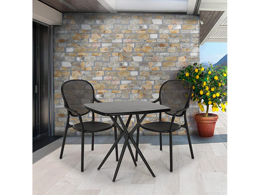 Juego mesa cuadrada 70 x 70 cm negro 2 sillas interior exterior Lavett Dark - Gris