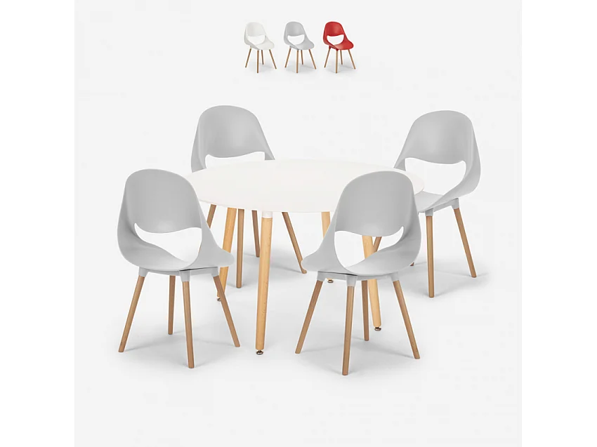 Juego mesa blanca redonda 100 cm diseño escandinavo 4 sillas Midlan Light - Gris