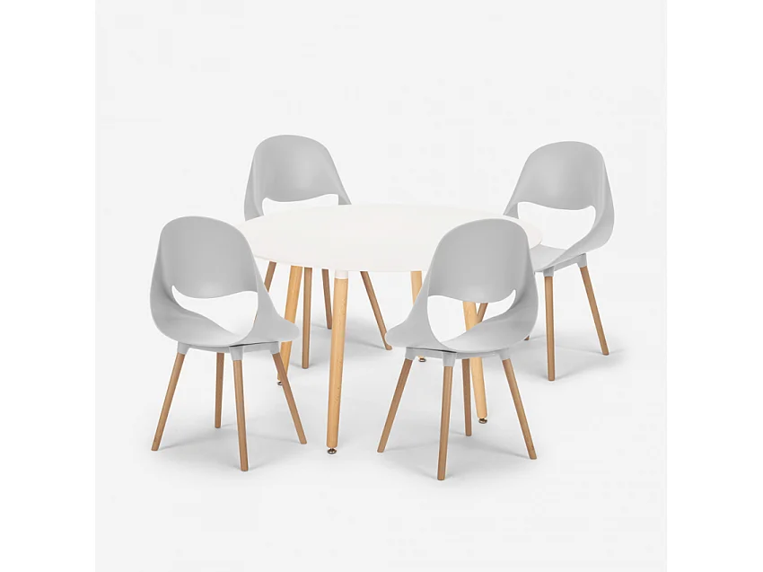 Juego mesa blanca redonda 100 cm diseño escandinavo 4 sillas Midlan Light - Gris
