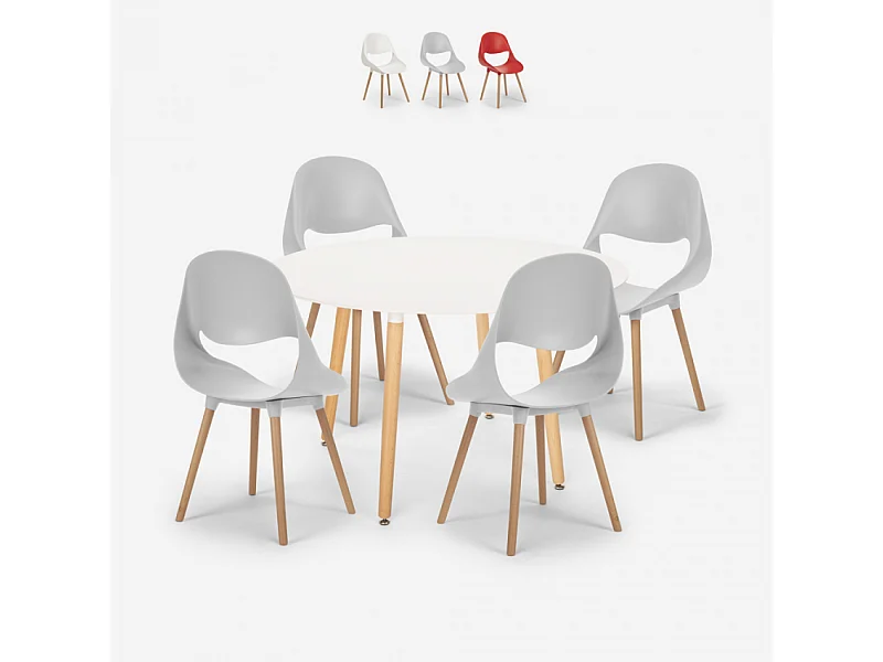 Juego mesa blanca redonda 100 cm diseño escandinavo 4 sillas Midlan Light - Gris