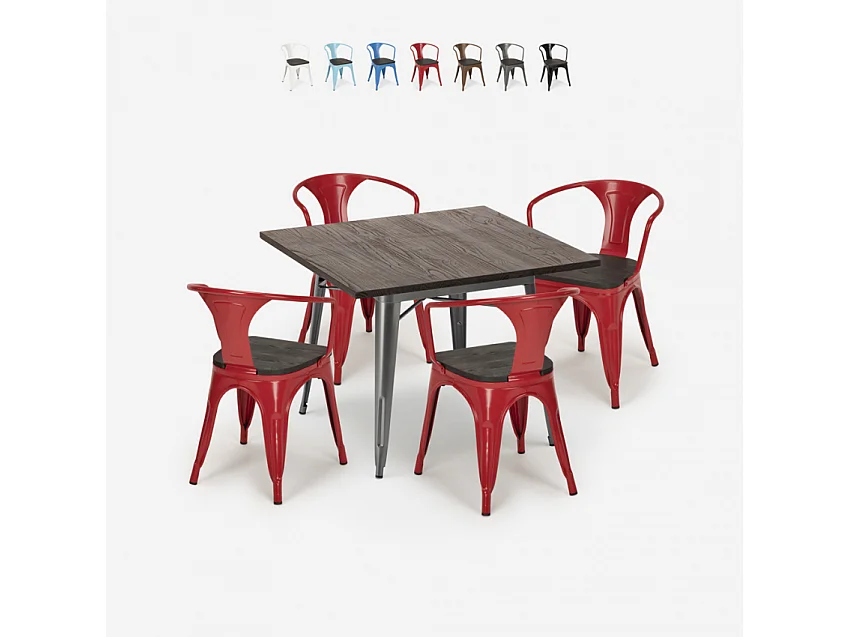 juego cocina industrial mesa 80 x 80 cm 4 sillas madera metal hustle wood - Rojo