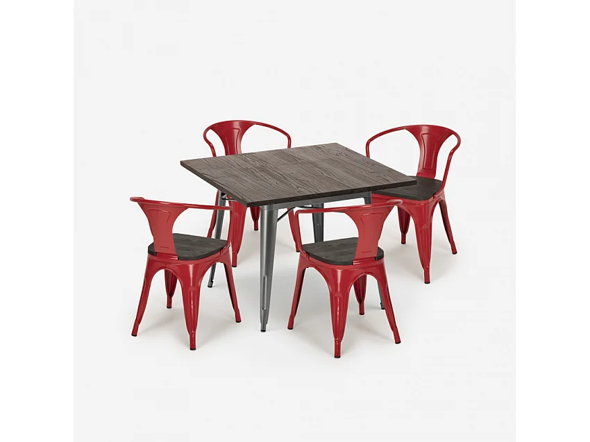 juego cocina industrial mesa 80 x 80 cm 4 sillas madera metal hustle wood - Rojo