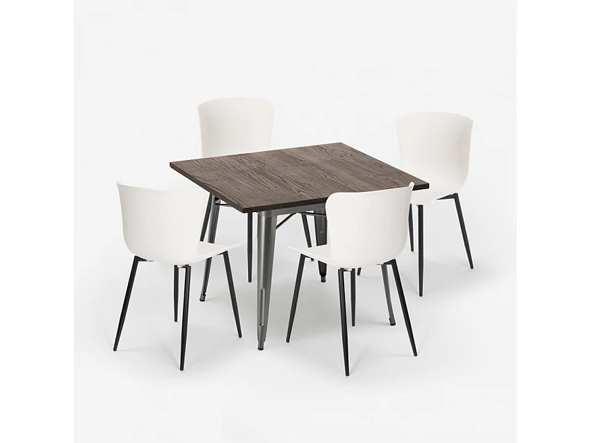 conjunto mesa cuadrada 80 x 80 cm diseño industrial 4 sillas anvil - Blanco