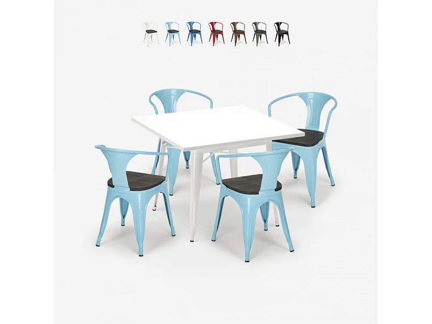 juego mesa cocina 80 x 80 cm 4 sillas estilo industrial madera acero century wood white - Azul