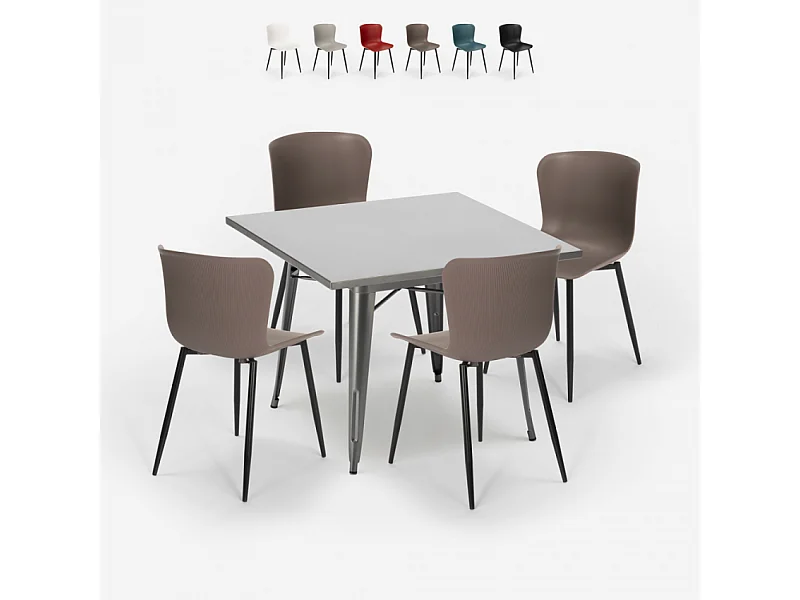 Ensemble de 4 Chaises et 1 Table Carrée 80x80cm Design Industriel Cuisine Bar Restaurant Wrench - Gris foncé