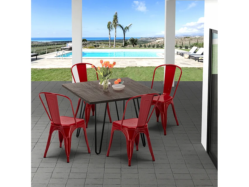 conjunto de mesa cuadrada madera y sillas en metal en estilo industrial pigalle - Rojo