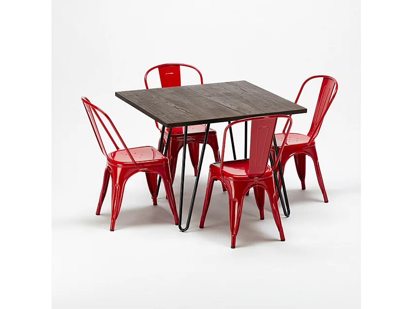 conjunto de mesa cuadrada madera y sillas en metal en estilo industrial pigalle - Rojo