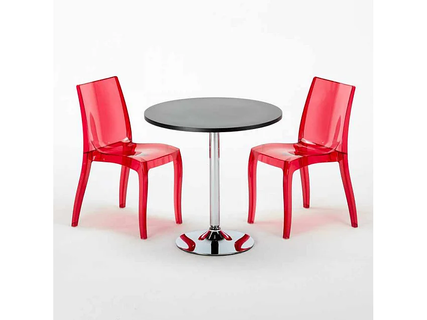 Table Ronde Noire 70x70cm Avec 2 Chaises Colorées Et Transparentes Set Intérieur Bar Café Cristal Light Gold - Rouge transparent